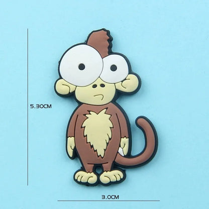 Nine PVC soft rubber cartoon animal fridge stickers including monkey, crocodile, leopard, lion, zebra, elephant, giraffe, and ostrich.