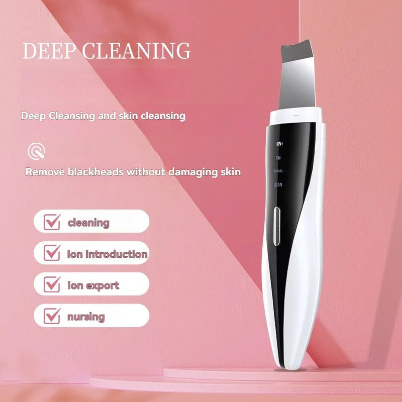 Ultrasonic electric beauty instrument in black and white with stainless steel scraper, USB charging, and four light modes.