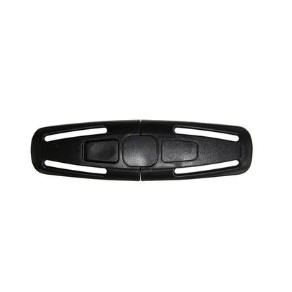 Black nylon chest buckle clip for a child car seat harness with a visible lock button.