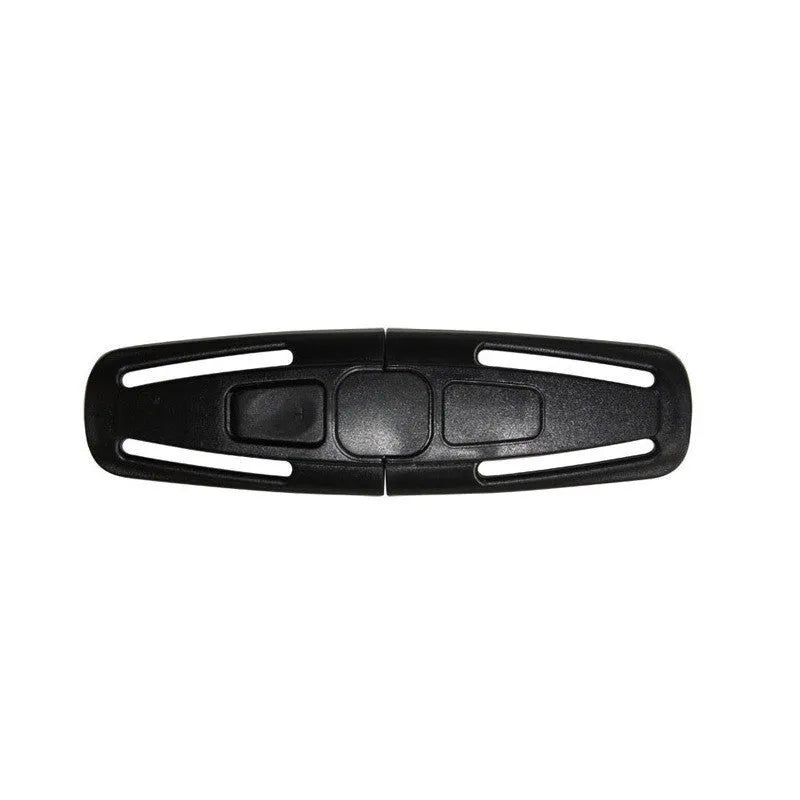 Black nylon child safety seat harness chest clip buckle with lock button, shown from front.