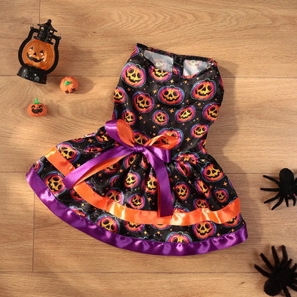 Halloween dog skirt with colourful pumpkin design, double-layer construction, elastic waistband on small dog