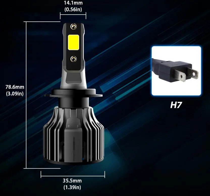 Close-up of a 6000K white LED car headlight bulb with adjustable chuck and connector, showing compact design.