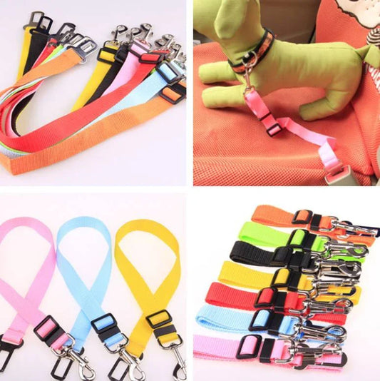 Adjustable dog seat belt with secure clip and buckle for attaching to pet harness and vehicle seatbelt