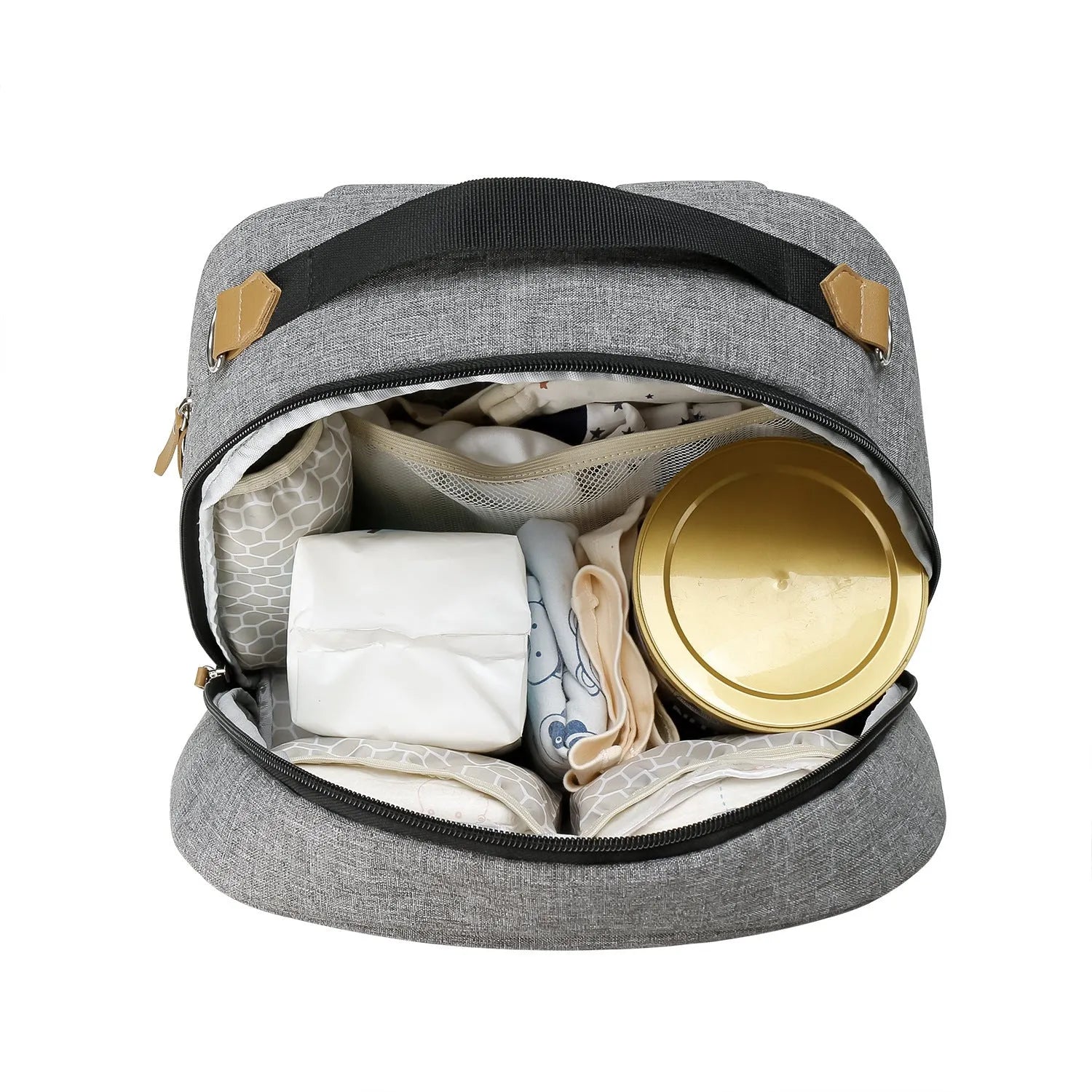 Grey insulated mother and child travel backpack with curved shoulder straps shown from the side