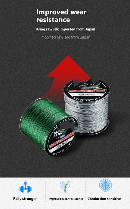 Spool of Dali Mayu 300 metre PE fishing line showing multiple colour options and line number thickness choices.