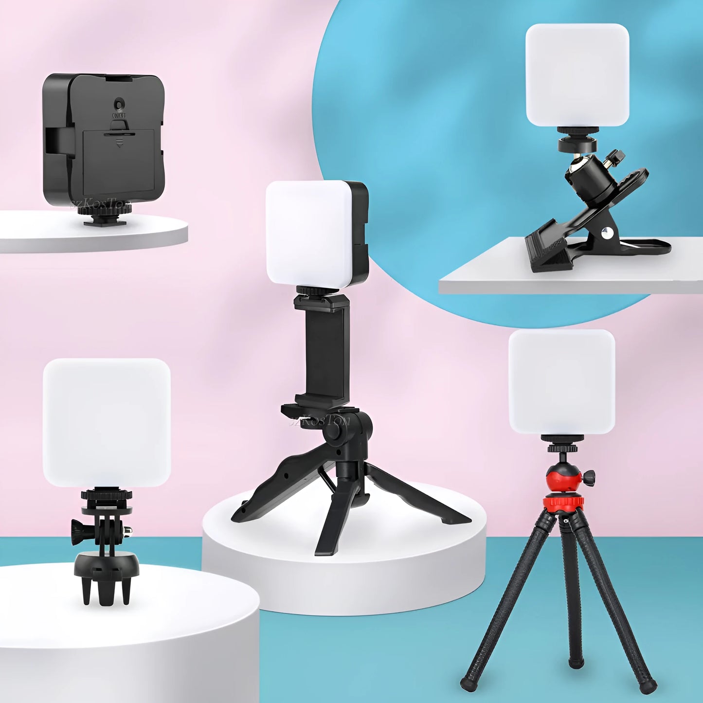 Square LED camera flash with universal hot shoe mount and rotatable head, shown with optional octopus stand tripod.