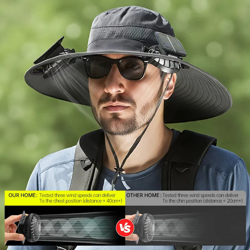 Solar-powered fan hat for men with a wide brim and adjustable chin strap, shown in a neutral colour.