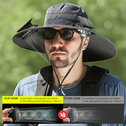 Solar-powered fan hat for men with a wide brim and adjustable chin strap, shown in a neutral colour.