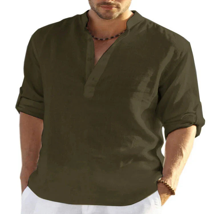 Stylish men's linen shirt with stand collar in various colours and sizes