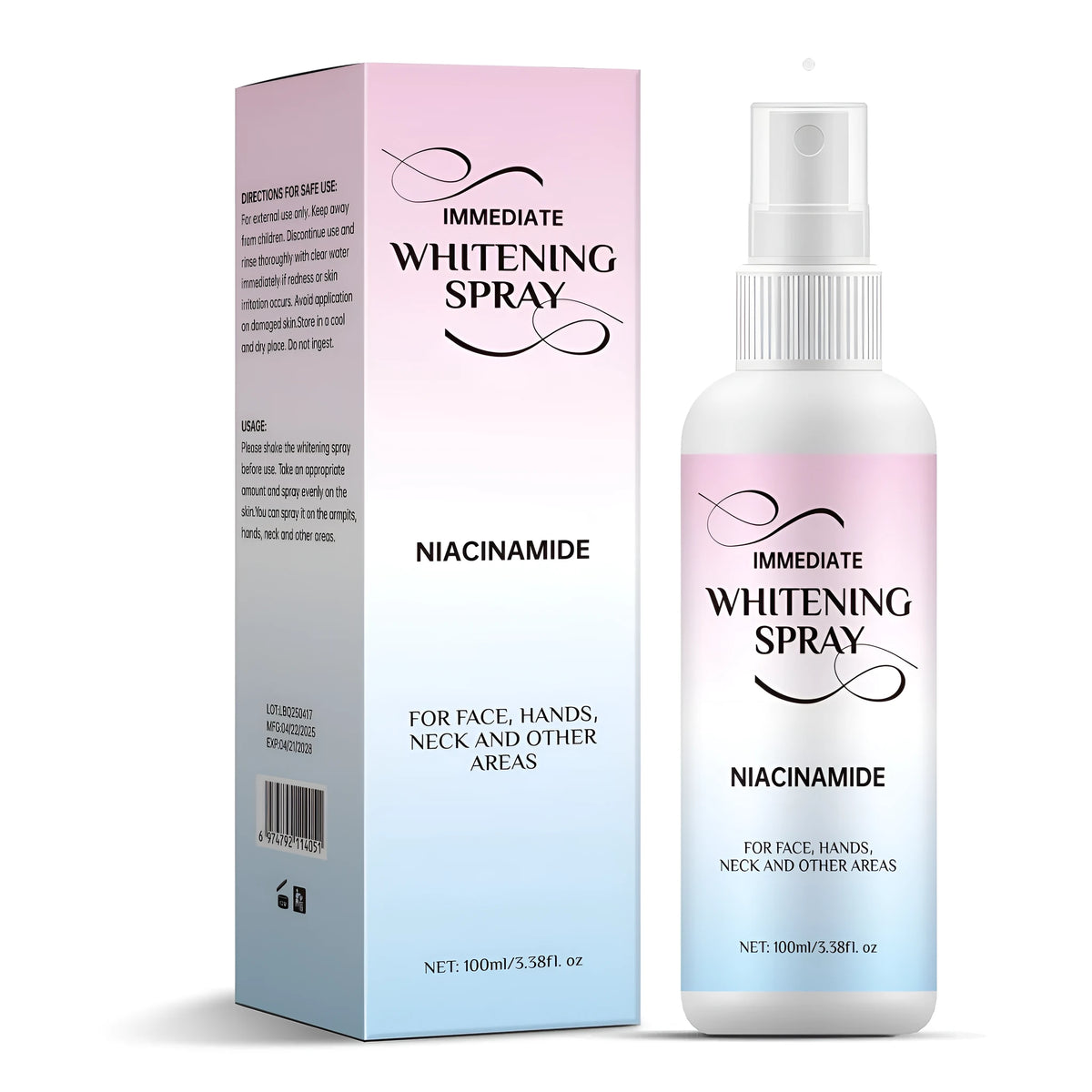 100ml whitening body spray bottle with spray pump, shown with dimensions.