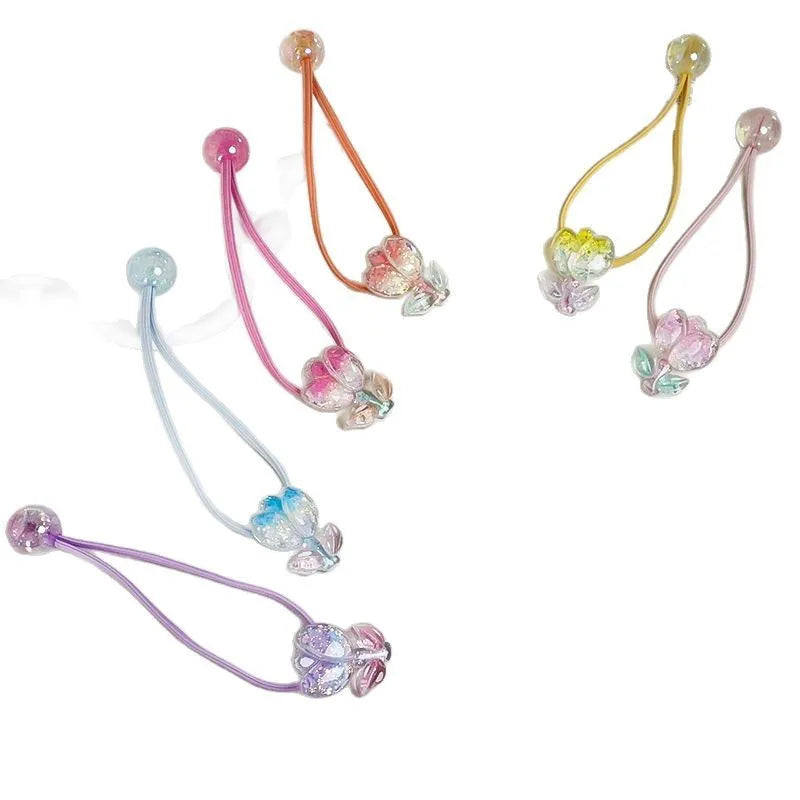 Rubber band hair band tulip gradient colour high elastic headdress for girls and women, nylon fabric hair accessory with childlike tulip floral decoration in six pastel colours including orange, light purple, light blue, pink, yellow, and light pink