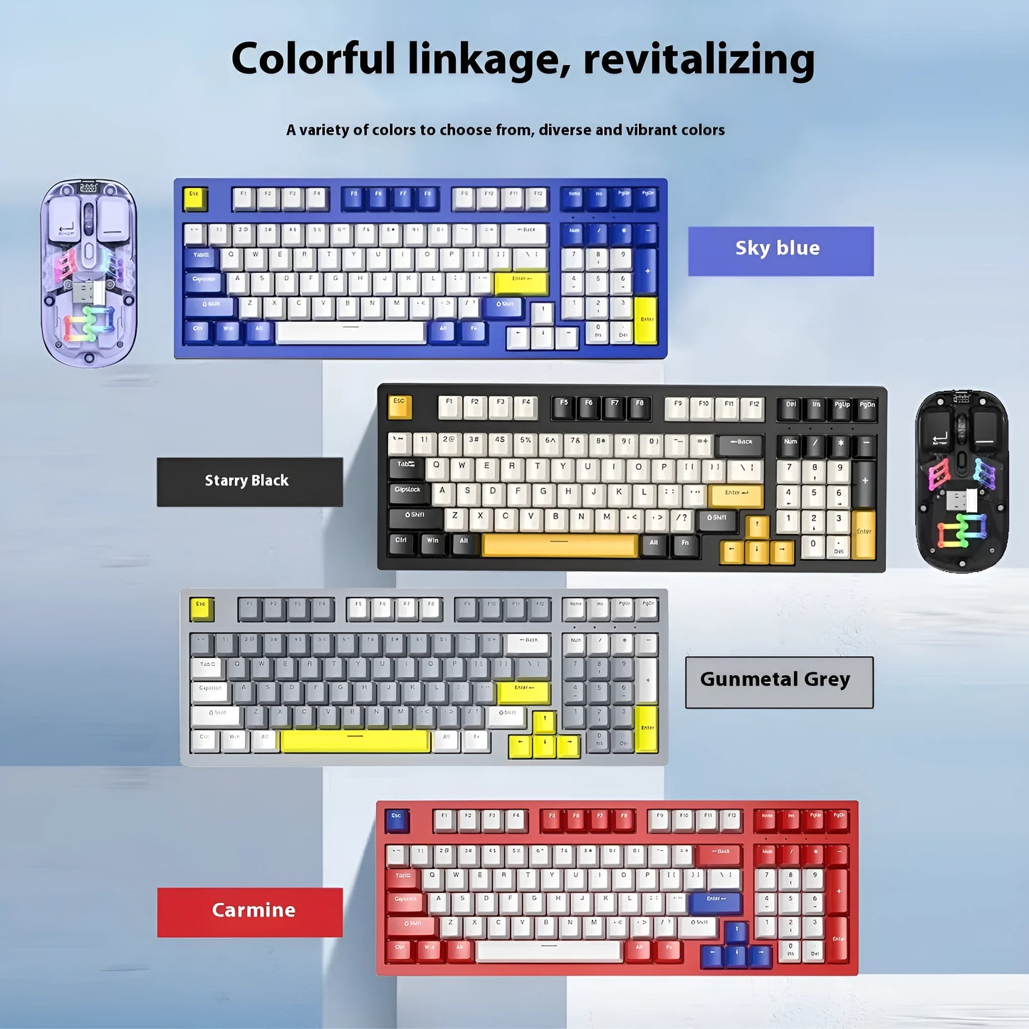 Mechanical keyboard and wireless mouse set in a chosen colour like beige gray or sky blue on a desk.