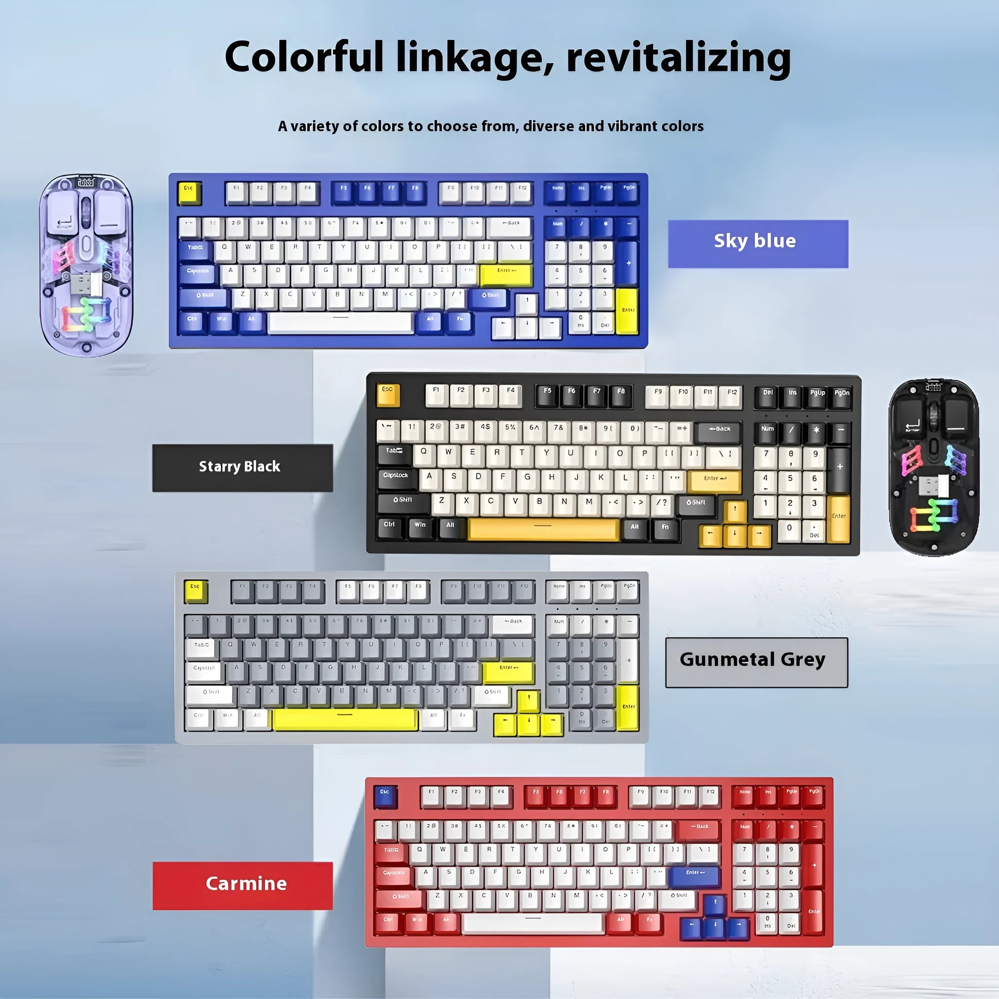 Mechanical keyboard and wireless mouse set in a chosen colour like beige gray or sky blue on a desk.
