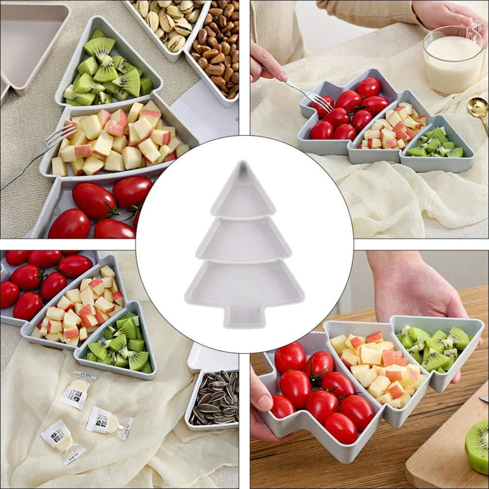 Christmas tree shaped plastic platter with divided sections for snacks and desserts
