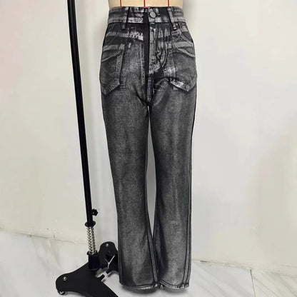 High waist straight leg jeans in washed blue denim with hot silver contrast colour detailing