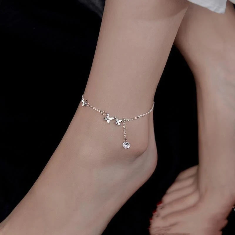 S925 Sterling Silver Butterfly Anklet with Zircon Flower Tassel in white gold color