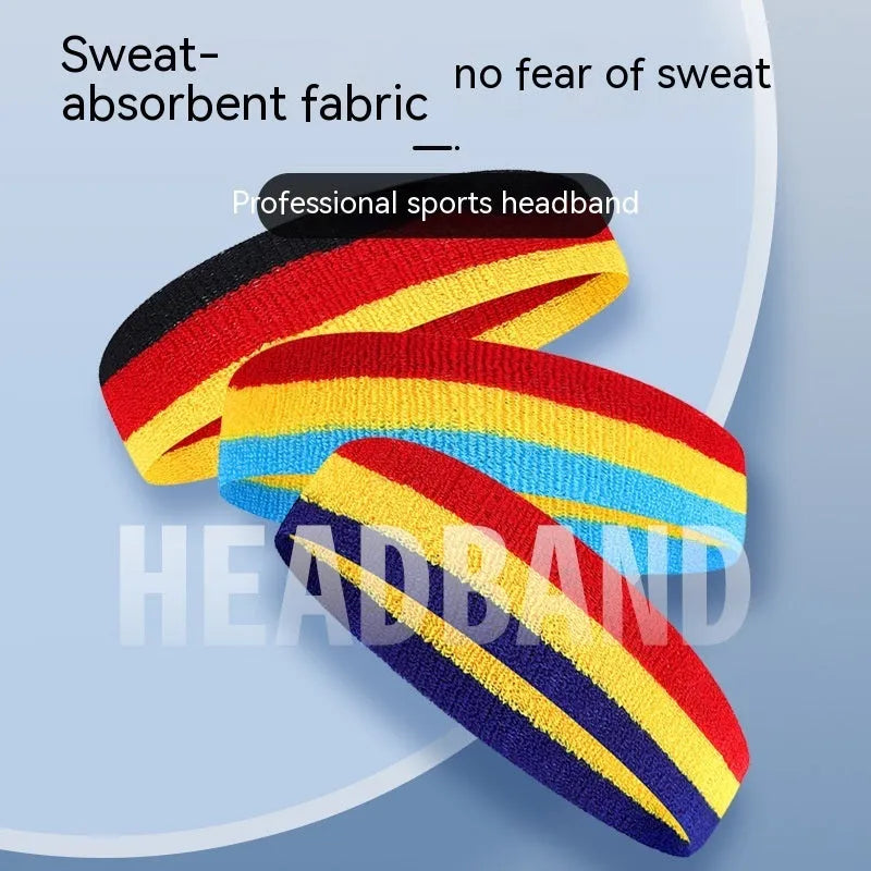 Colour-block sports headband for adults shown in a multi-colour design, suitable for running and yoga.