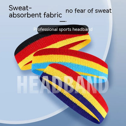 Colour-block sports headband for adults shown in a multi-colour design, suitable for running and yoga.