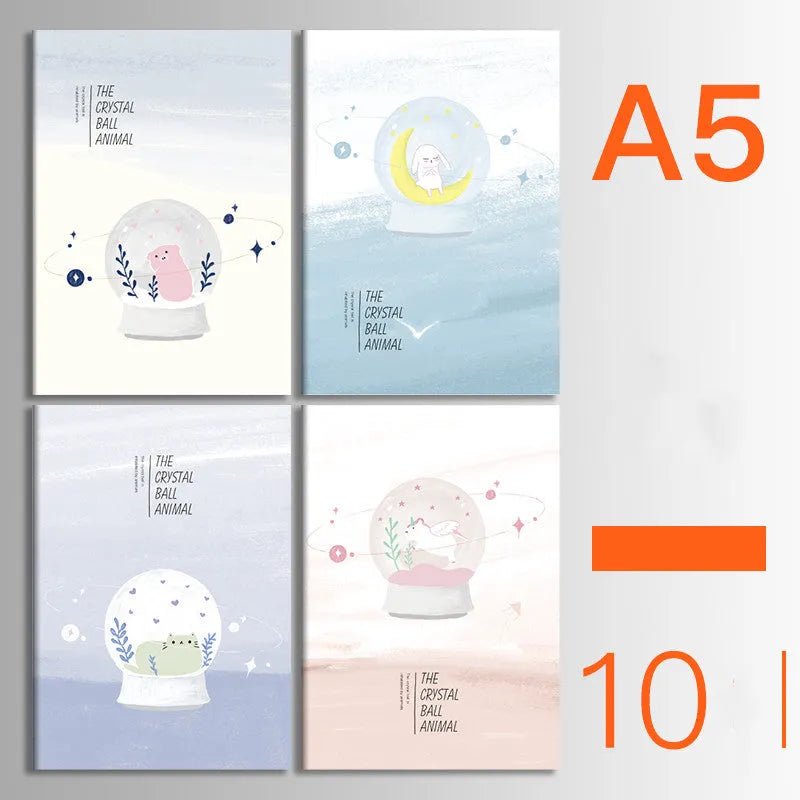 Pack of ten A5 kraft paper thread-bound notebooks with artistic cover designs lying flat.