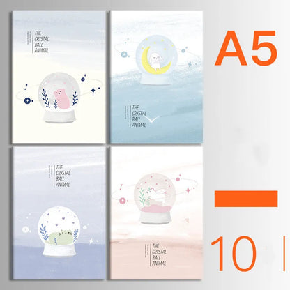Pack of ten A5 kraft paper thread-bound notebooks with artistic cover designs lying flat.