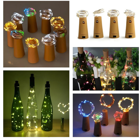 Wine bottle with LED string lights showing copper wire and 20 warm white LEDs inside glass