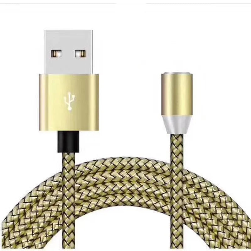 Black magnetic charging cable with connectors for Android, Type C, and Apple devices on a white background