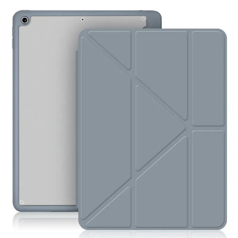 Y-folding imitation leather iPad case in dark grey, showing built-in stand and pen slot.