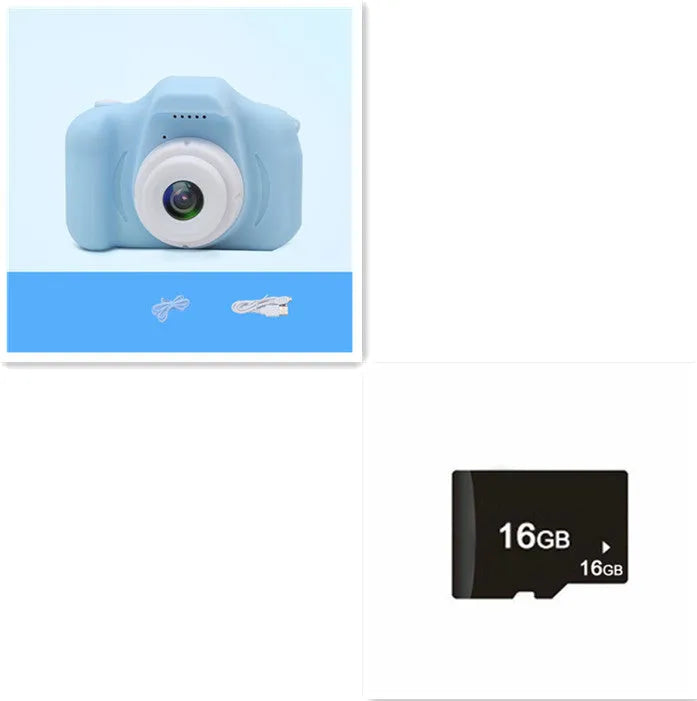 X2 HD mini digital camera for kids in silicone case with lanyard, shown capturing photo on 2-inch screen.