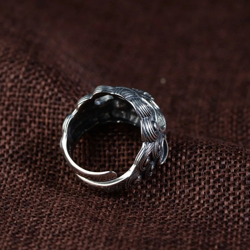 Domineering Open Ring with Personalised Jibeast Pattern in Sterling Silver, a 3-5g Adjustable Statement Ring with a 2cm Wide Band and Animal Motif Design