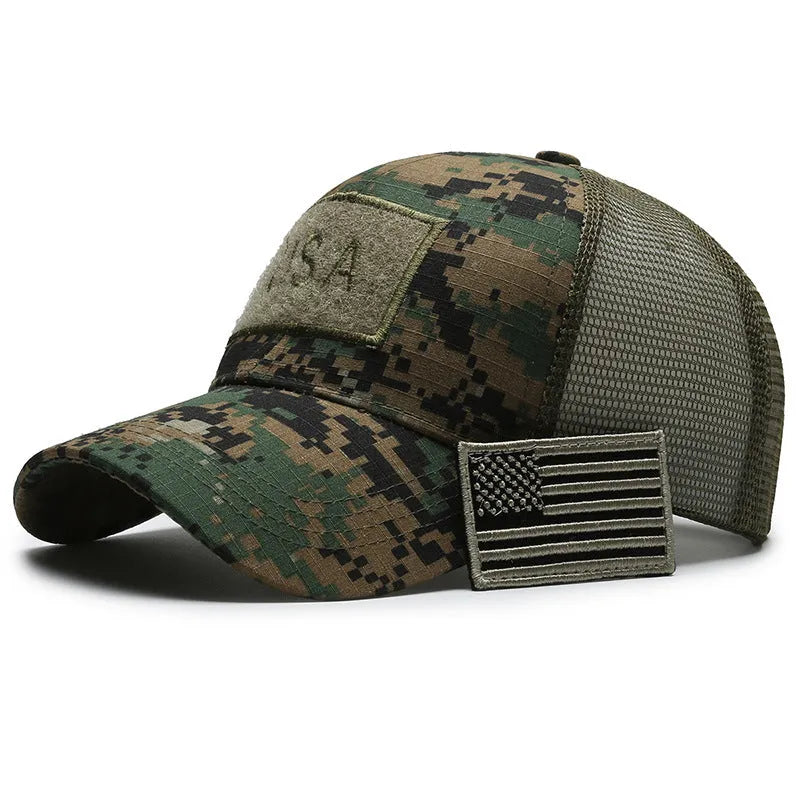Adjustable camouflage baseball cap with Velcro closure and machine embroidery detailing