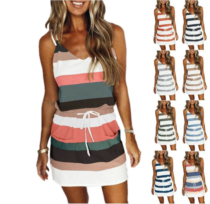 Cotton stripe drawstring summer dress for women in various colours