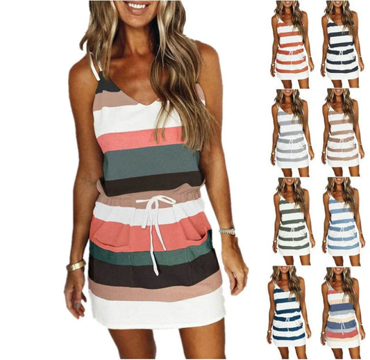Cotton stripe drawstring summer dress for women in various colours