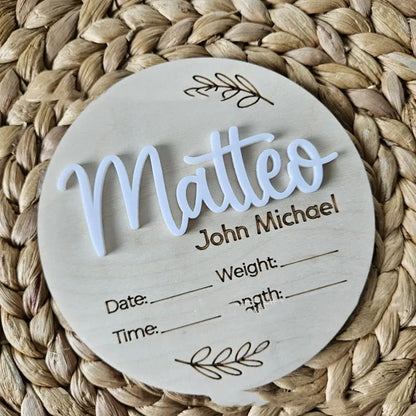 15cm square wooden newborn name label with birth details on plywood in three style variations