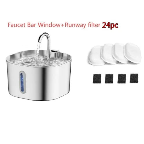 2.2L stainless steel smart pet water dispenser with faucet strip window, water pump and filter for dogs and cats