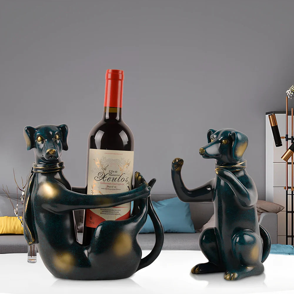 Handcrafted resin dog wine rack in sitting position measuring 23cm tall, storing wine bottle