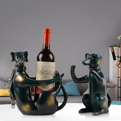 Handcrafted resin dog wine rack in sitting position measuring 23cm tall, storing wine bottle