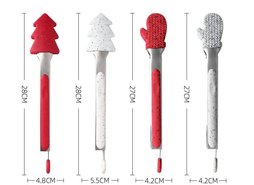 Christmas-themed silicone kitchen tongs with locking clip for bread and BBQ