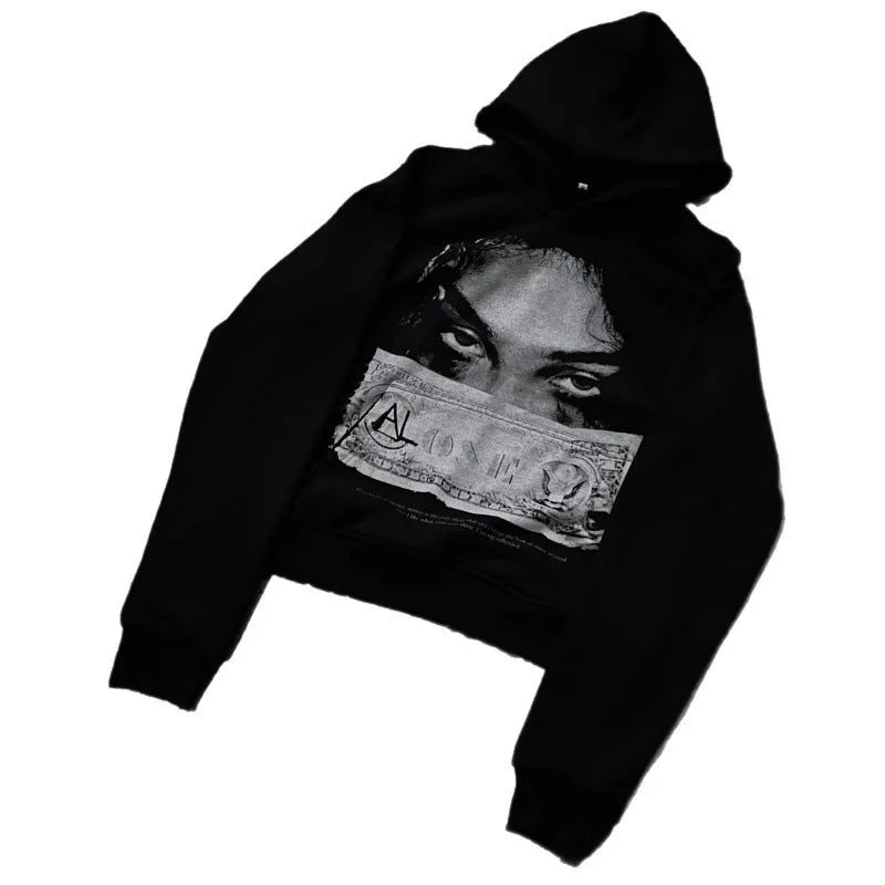 Black women's hooded sweater with printed cartoon design, loose fit casual wear