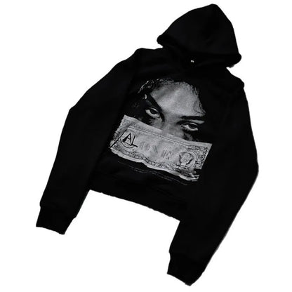 Black women's hooded sweater with printed cartoon design, loose fit casual wear