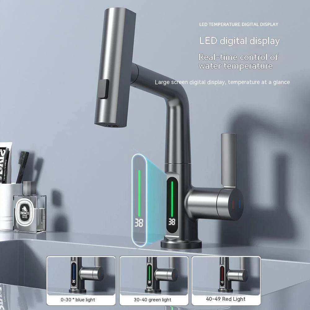 Sleek digital faucet with temperature display, 360° rotation, and pull-out hose for modern kitchen and bathroom needs