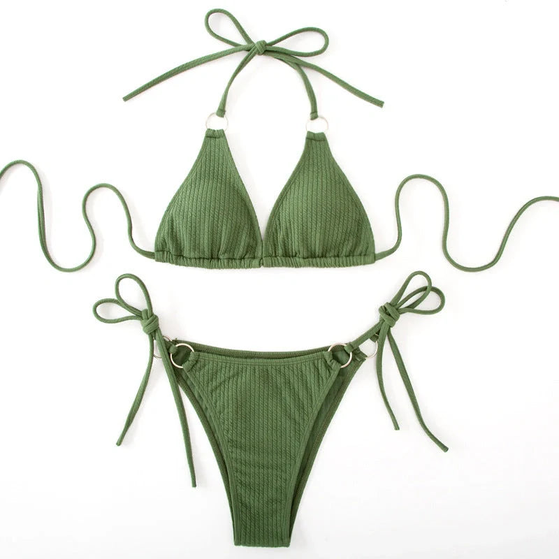 Women's bandage style bikini set with side tie thong in various colours