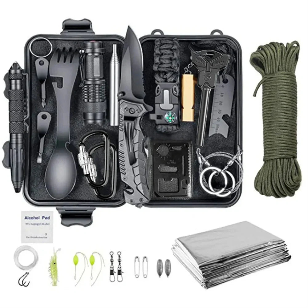 Outdoor survival kit with alloy tools and plastic components in multiple colour options