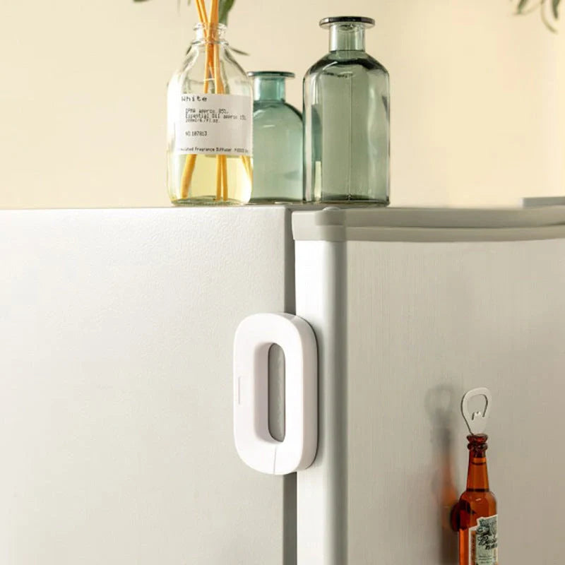 Child safety refrigerator lock for baby-proofing cabinets in white and grey