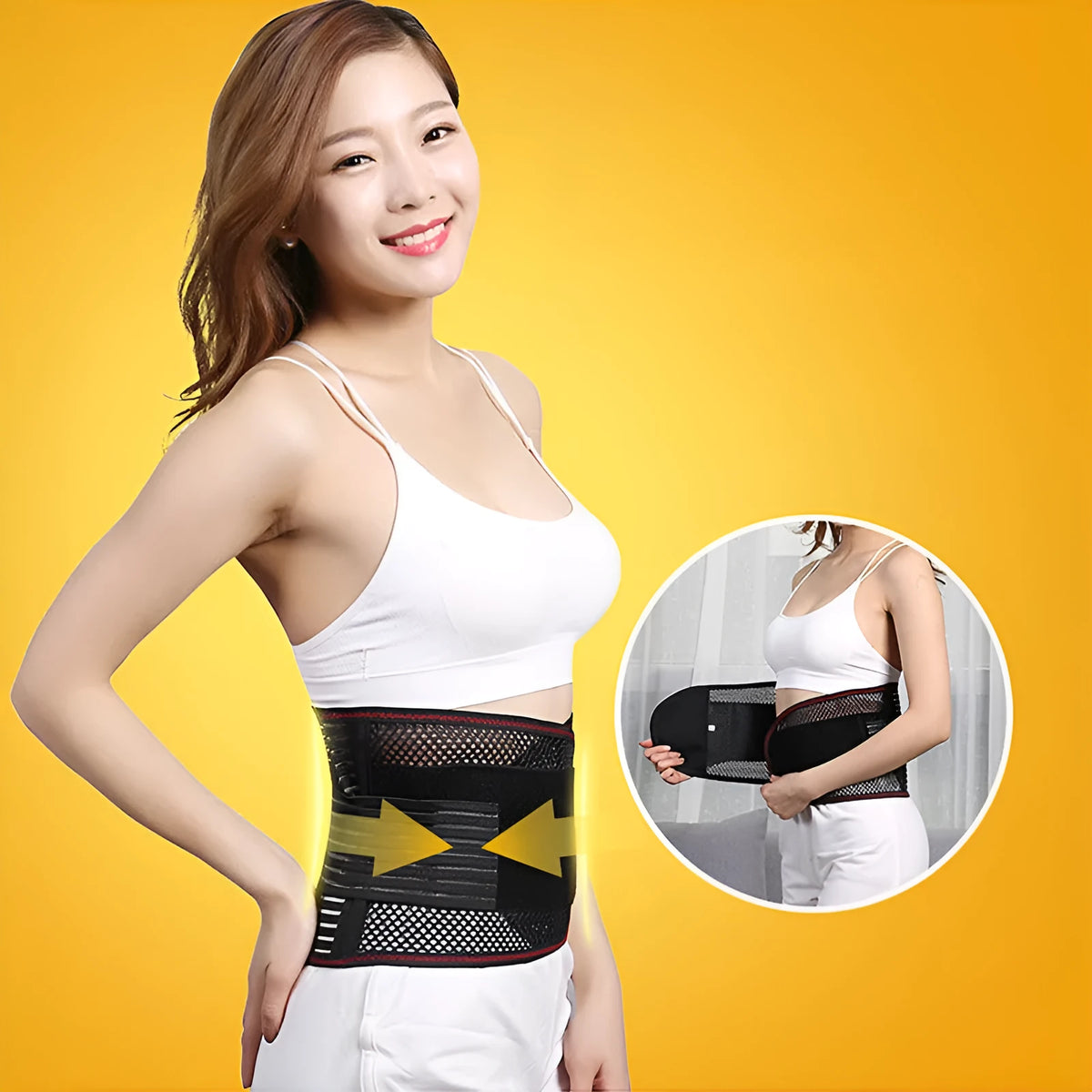 Black sports waist support belt with steel plate for adult lumbar decompression during fitness and sports.