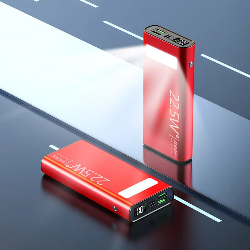Alloy shell power bank in black, blue, green, or red colours showing LCD display and LED flashlight