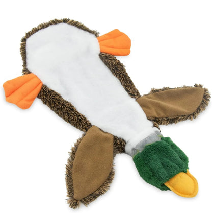 Green stuffless wild duck dog toy with squeakers showing bottle cavity opening