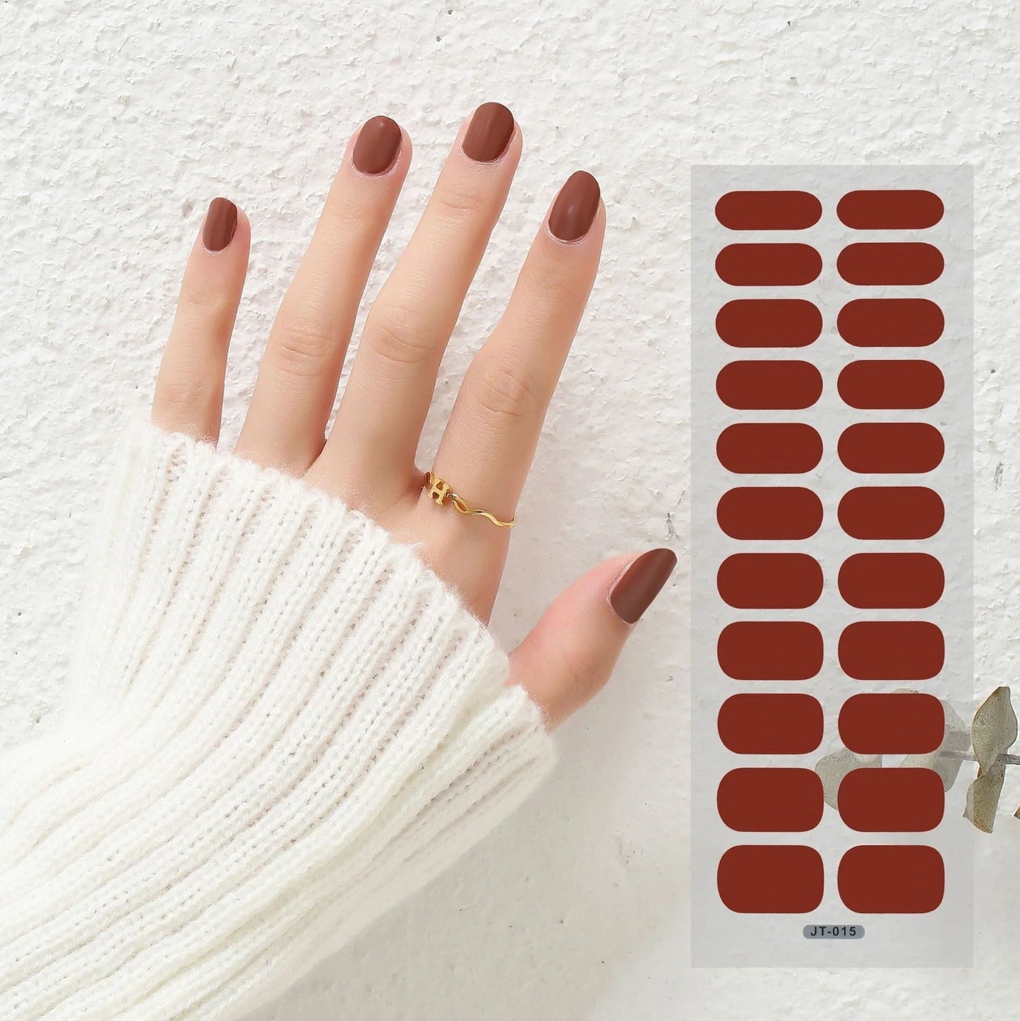 Semi-curing gel nail stickers sheet showing 22 solid colour designs including roses, tulips, and geometric patterns