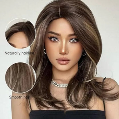 Mid-length full-head wig with platinum gradient colour, long curly hair, and bangs in star fashion style