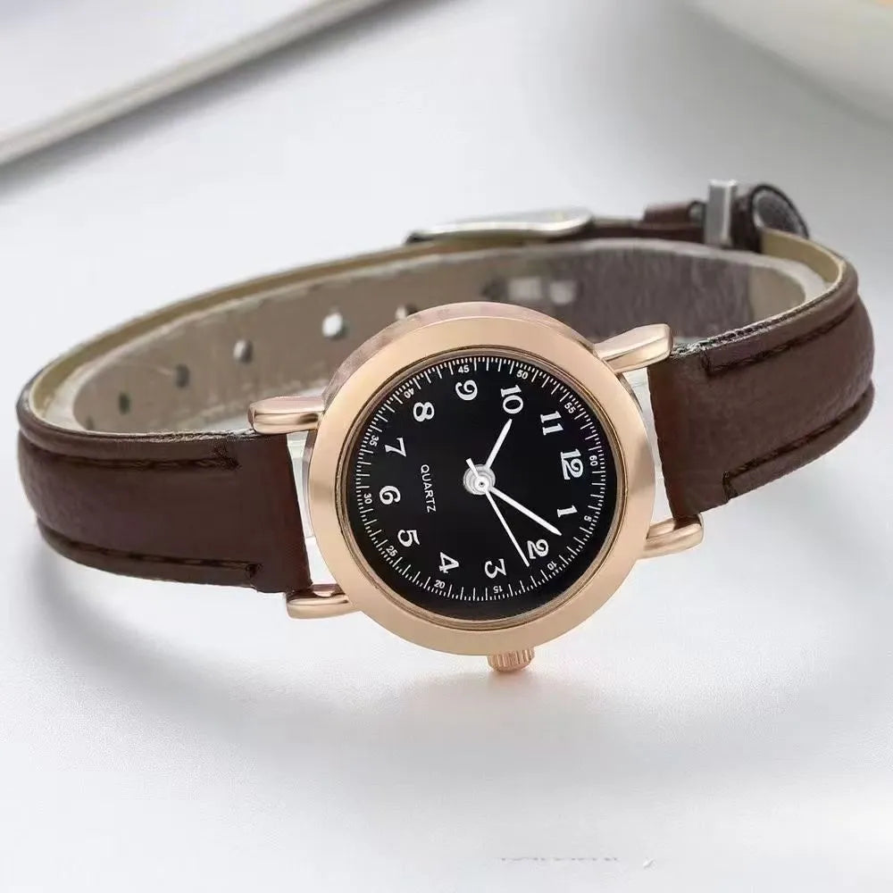 Retro round watch with 26mm dial, 8mm alloy case, and imitation leather strap with pin buckle