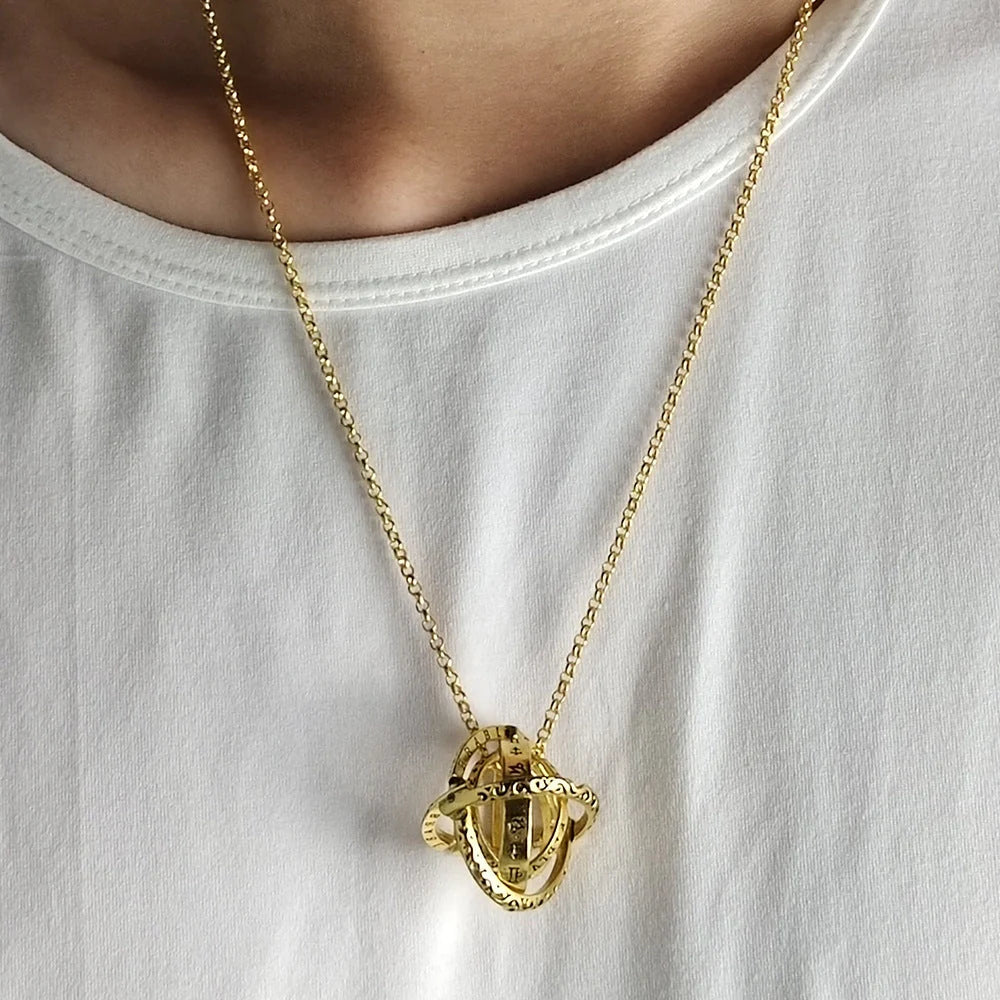 Astronomical ball ring necklace with flip deformation feature in silver and gold